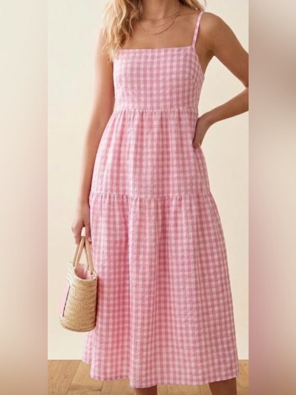 J CREW Pink Gingham Cotton Tiered Midi Dress Size 0